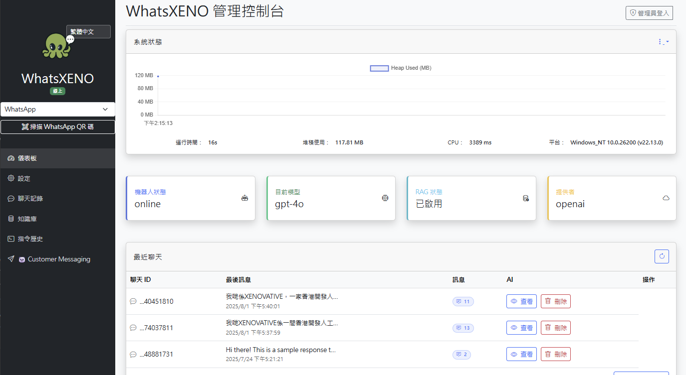 WhatsXeno screenshot showing the WhatsApp chatbot interface